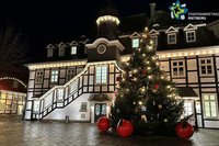 Geschmückter und beleuchteter Weihnachtsbaum im Dunkeln vor dem Rathaus.