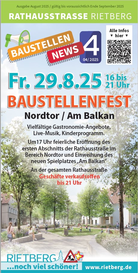 Deckblatt der Baustellennews Nummer 4 mit Hinweis auf das Baustellenfest am 29. August ab 17 Uhr Am Balkan und in der Rathausstraße.
